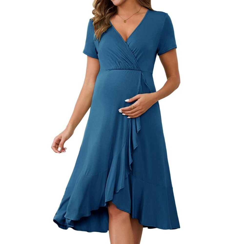 Maternity Nursing Wrap V Neck Pleated Ruffle Semi Formal Dress Lake Blue